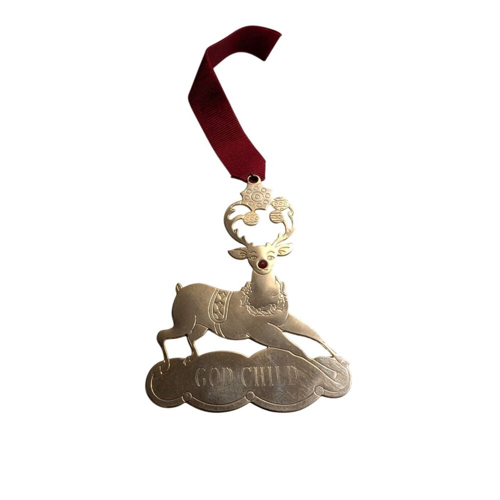Lillian Vernon Lillikin Brass Rudolph Reindeer Christmas Ornament God Child 1980